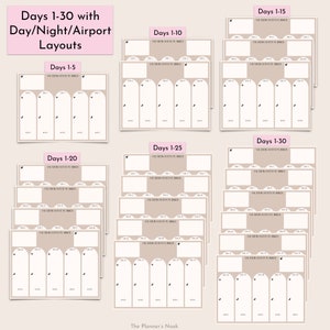 May include: A set of printable planner pages with different layouts for days 1-30. Each page has a beige background with white text and a white border. The text on the pages includes "Days 1-5", "Days 1-10", "Days 1-15", "Days 1-20", "Days 1-25", "Days 1-30", and "Vacation Outfit Planner".