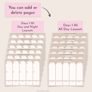 May include: A stack of printable vacation outfit planner pages with a beige background and black text. The pages are divided into sections for each day of the month, with space for outfit planning and notes. The text "Days 1-30" and "All Day Layouts" is visible at the top of the pages.