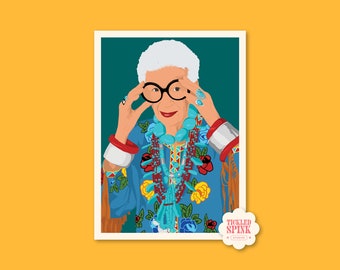 Iris Apfel Digital Print, Pastel, Portrait, Fashion, home decor, Iris Apfel painting, Iris Apfel jewellery painting