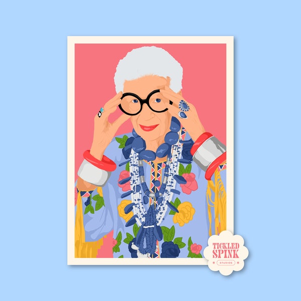 Iris Apfel Digital Print, Pastel, Portrait, Fashion, home decor, Iris Apfel painting, Iris Apfel jewellery painting