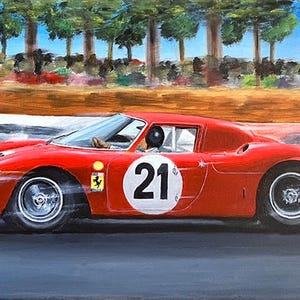 May include: A red Ferrari race car with the number 21 on a white circle, speeding on a track. The painting depicts a classic sports car with motion blur, trees, and spectators in the background.