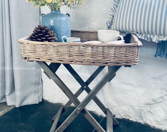 Rustic Coastal Country Wicker Basket Side Table | Butlers Tray