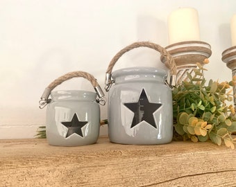 Ceramic Star Candle Lanterns - Rustic Nordic Tea Light Candle Holders - Grey