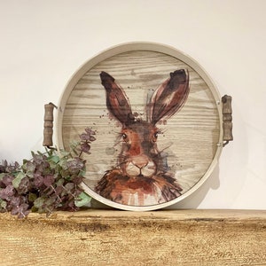 Large Decorative Tray | Vintage Style Wooden Tray | Hare | Country Home | Farmhouse Decor
