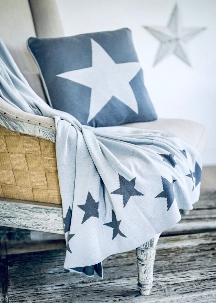 Soft Cotton Star Blanket Throw Reversible Charcoal Grey Stars
