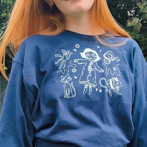 Screen Printed Coraline Unisex Navy Long Sleeve T-Shirt | Halloween Movie, Spooky Doll,