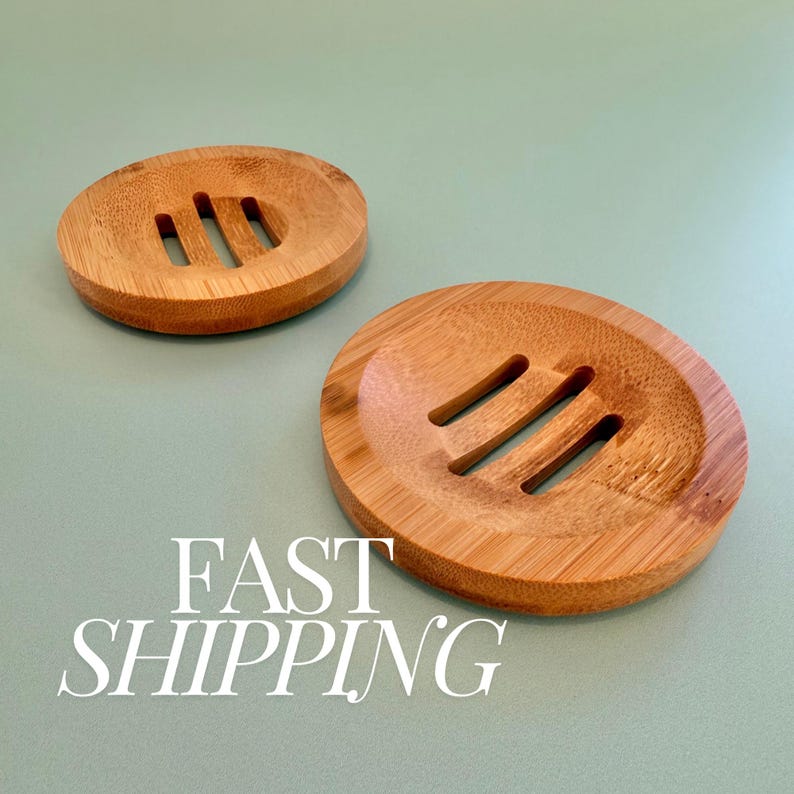 May include: Two round wooden soap dishes with drainage slots. The dishes are made of natural bamboo and are perfect for keeping soap dry.