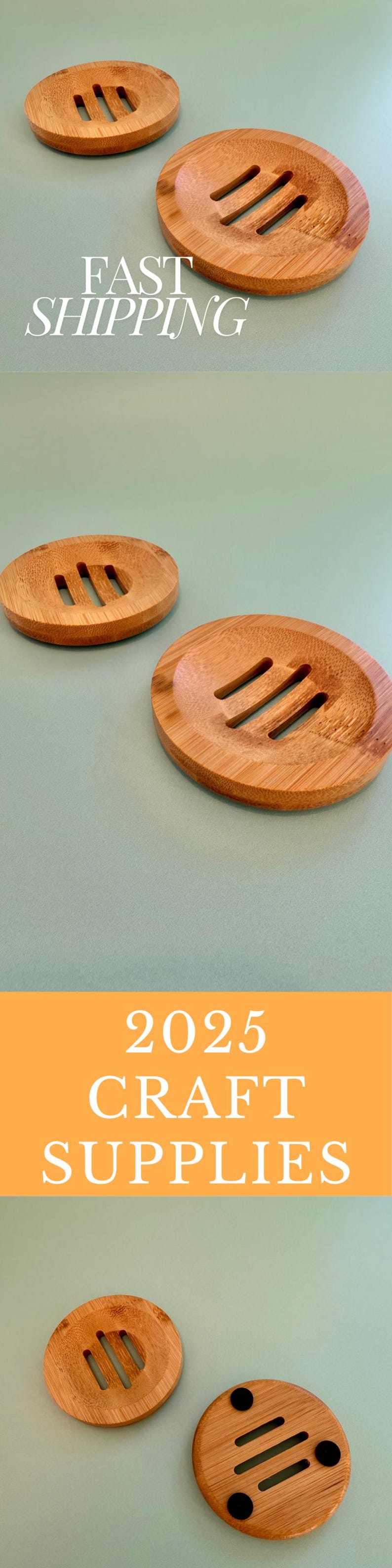 May include: Two wooden soap dishes with three drainage slots. The dishes are round and made of light brown wood. The bottom dish has three black rubber feet.