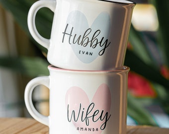 Wifey & Hubby personalized ceramic mugs / bundle of two / wedding day gift for groom and bride / bridal shower gift