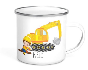 Personalized Kids Mug / Construction Mug / Boy Toddler Enamelel Mug / Excavator Mug with name / Construction boy / Yellow Excavator