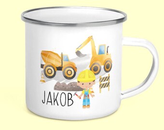 Excavator mug / Personalized Kids Mug / Construction Mug / Boy Toddler Enamelel Mug / Excavator Mug with name / Personalized Excavator Mug