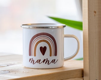 Mama Mug / Motherhood Mug - Enamel with brown rainbow