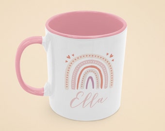 Personalized Kids Mug / Rainbow Pink Mug / Ceramic Rainbow mug with Pink Inside