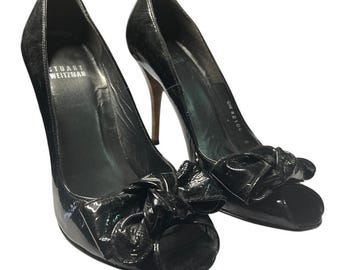 Stuart Weitzman Black  Bow Tie Patent Leather Peep Toe Pumps 6.5