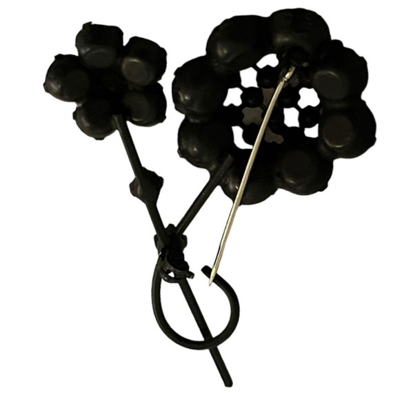 Black Metal Floral Brooch and Earrings with White… - image 6