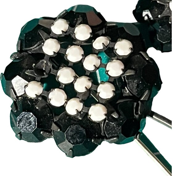 Black Metal Floral Brooch and Earrings with White… - image 8