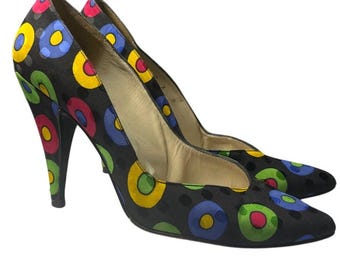 Stuart Weitzman Colorful Polka Dot printed silk heels 7B/M Vintage
