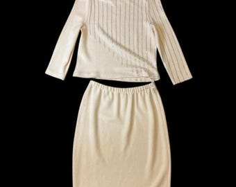 St. John for Marie Gray Cream Skirt Set Rows of Sparkling Silver Paillettes