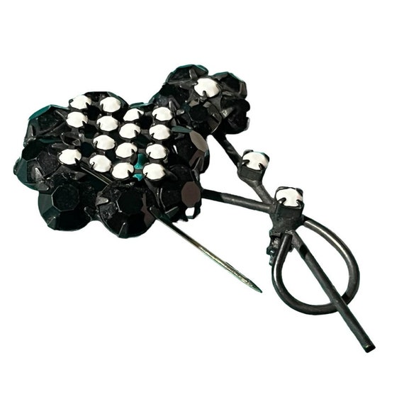 Black Metal Floral Brooch and Earrings with White… - image 7