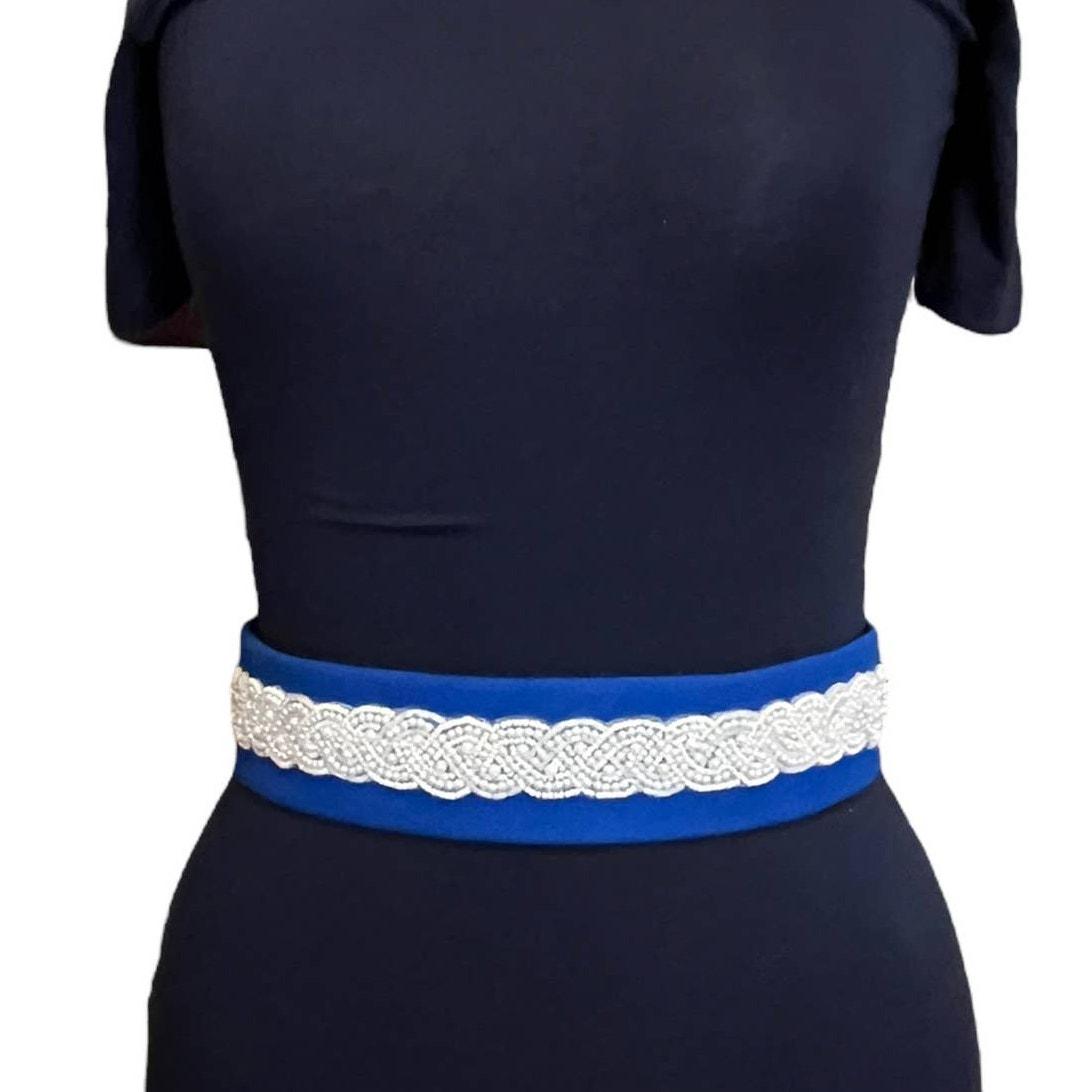 Handmade Blue canvas fabric pearl bridal belt Bridella BS119ML Ivory Rhinestone & Pearl Belt main image 4