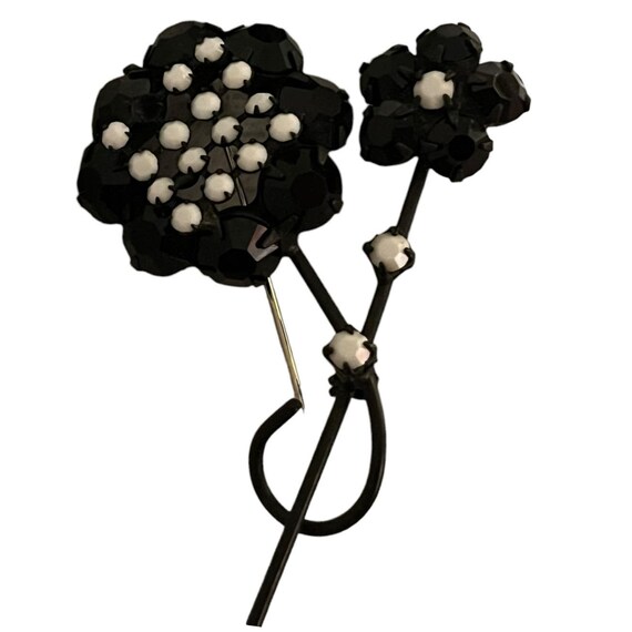 Black Metal Floral Brooch and Earrings with White… - image 2