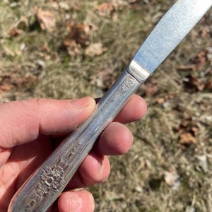 May include: A silver butter knife with a floral design on the handle.