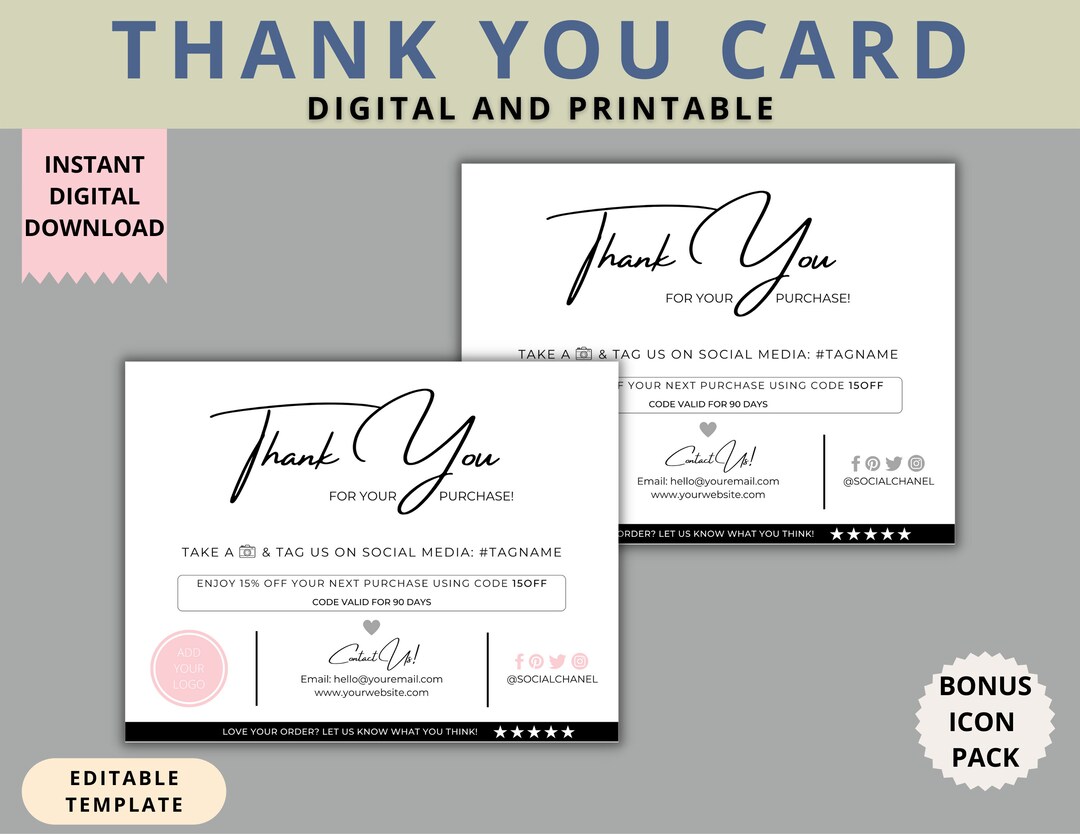 EDITABLE Thank You Card | Printable Design Thanks for Your Purchase ...
