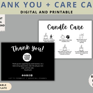 Bearbeitbare Candle Care Card & Dankeskarte, druckbare Vorlage, Schwarzweiß-Canva-Vorlage