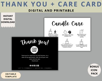 Bearbeitbare Candle Care Card & Dankeskarte, druckbare Vorlage, Schwarzweiß-Canva-Vorlage
