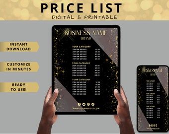 DIY Price List Template, Printable Business Price List, Salon, Beauty, Nails, Fashion | Black & Gold Gallaxy Glitz and Glam