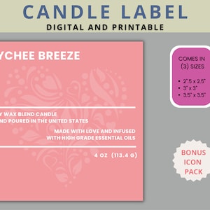 Plantilla de etiqueta de vela, plantilla de etiqueta de producto editable en tres tamaños, Lychee Breeze
