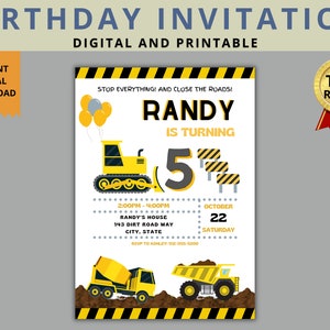Construction Birthday Party Invitation Template, Construction Invitation, Imprimable, Téléchargement instantané, Randy tourne 5
