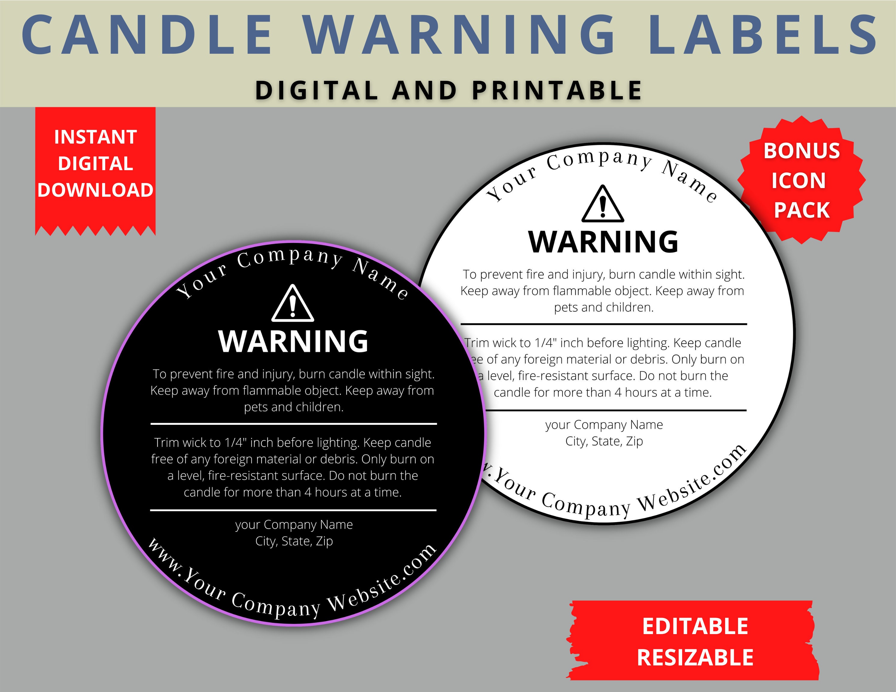 DIGITAL DOWNLOAD Candle Warning Label Template Fire Safety - Etsy Australia