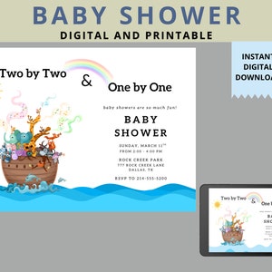 Editable Baby Shower Invitation | Noah&#39;s Ark | One by One | Digital Printable Template
