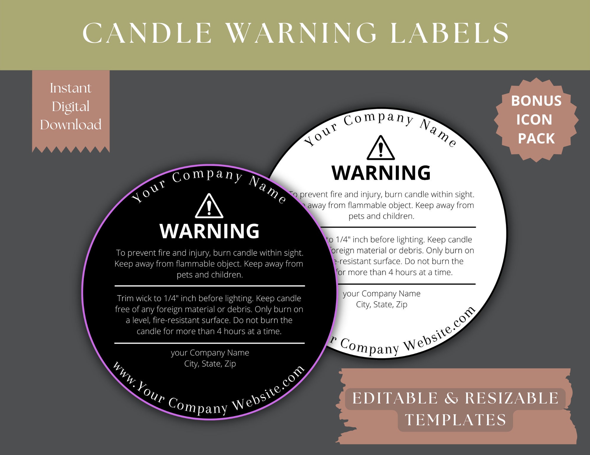 DIGITAL DOWNLOAD Candle Warning Label Template | Fire Safety Label for Candles | Customizable Template Design With Canva - Etsy for Downloadable Free Printable Candle Warning Labels Template