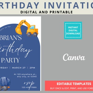 Invitation de fête d'anniversaire de construction, Imprimable, Numérique, Modèle, Téléchargement instantané, Edit In Canva