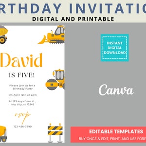 Modèle d'Invitation de fête d'anniversaire de construction, Invitation de construction, Imprimable, Téléchargement instantané, Edit In Canva