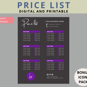 EDITABLE Price List Template | Printable Business Price List | Generic Pricing Template For Small Business