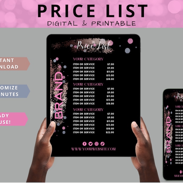 DIY Price List Template | Printable Business Price List | For Hair Salon, Hairdresser, Beauty, Nails | Black Pink Splatter Glitz & Glam