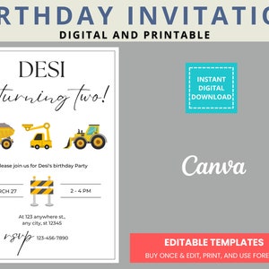 Modèle d'invitation de fête d'anniversaire de construction, imprimable, numérique, téléchargement instantané, modifier dans Canva