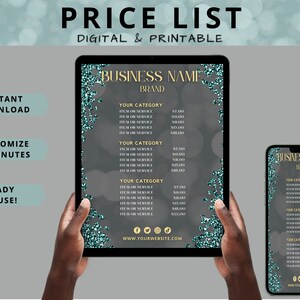 DIY Price List Template | Printable Business Price List | For Hair Salon, Hairdresser, Beauty, Nails | Teal and Gold Glitz & Glam