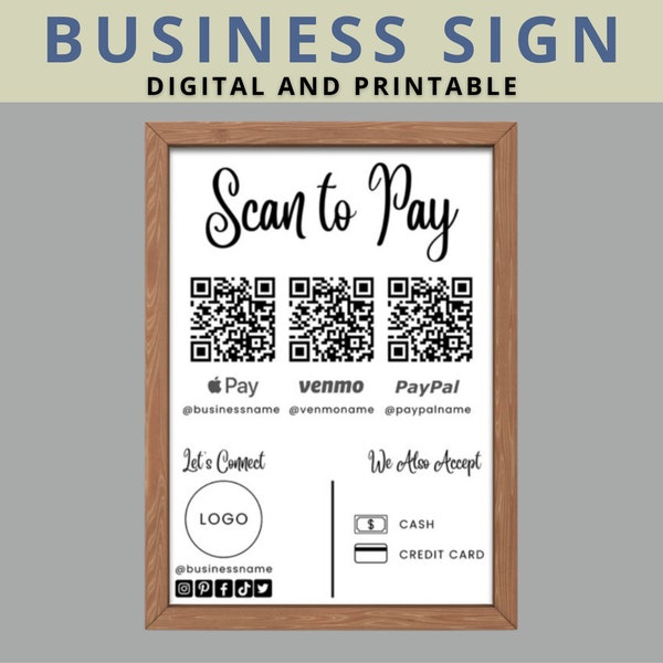 Printable Payment Sign, DIY QR Code Sign Template, Editable Scan to Pay Sign, Payments Business Sign Canva Template