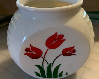 Vintage milk glass grease jar, white canister with red tulips no lid