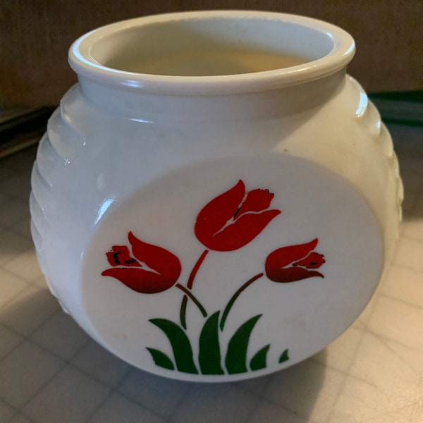 Vintage milk glass grease jar, white canister with red tulips no lid