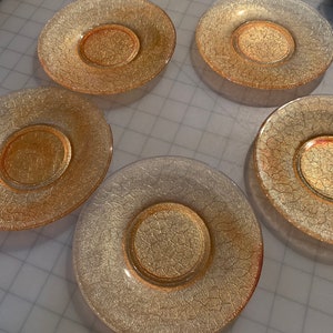 Set of peach carnival glass plates, marigold carnival dessert plates