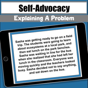 May include: A screenshot of a digital device displaying a story about a student named Sasha who forgot her lunch at school. The story is about self-advocacy and how to explain a problem.