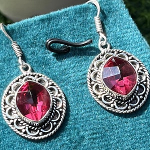 Ruby Color Doublet Dangle Earrings | Oxidized German Silver, Boho Vintage