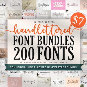 Paquete de más de 200 fuentes manuscritas: fuentes manuscritas, fuentes caligráficas, fuentes con adornos, fuentes modernas, fuentes para Cricut, fuentes para Procreate, fuentes para marcas comerciales.