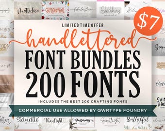 May include: A digital collection of 200 handlettered fonts displayed in a grid layout. The central text reads LIMITED TIME OFFER, handlettered FONT BUNDLES, 200 FONTS, INCLUDES THE BEST 200 CRAFTING FONTS, and COMMERCIAL USE ALLOWED BY QWRTYPE FOUNDRY.