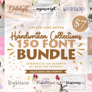 Peut inclure: Un collage de 150 polices d'écriture manuscrites dans un pack pour 7 $. Les polices sont affichées dans différents styles et couleurs, notamment rose, marron et blanc. Le texte "Handwritten Collections 150 Font Bundle" est affiché en grandes lettres brunes.